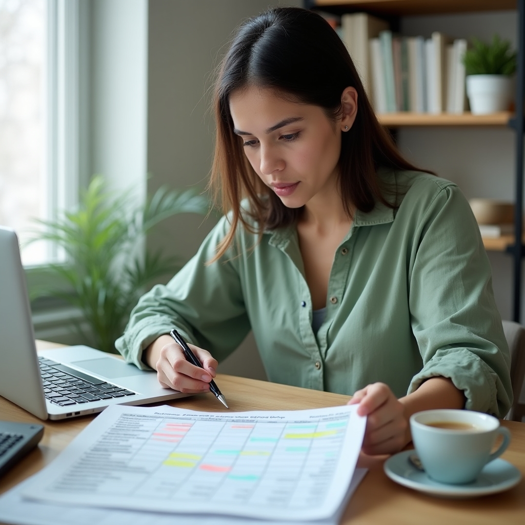 Person reviewing household budget documents and expense categories