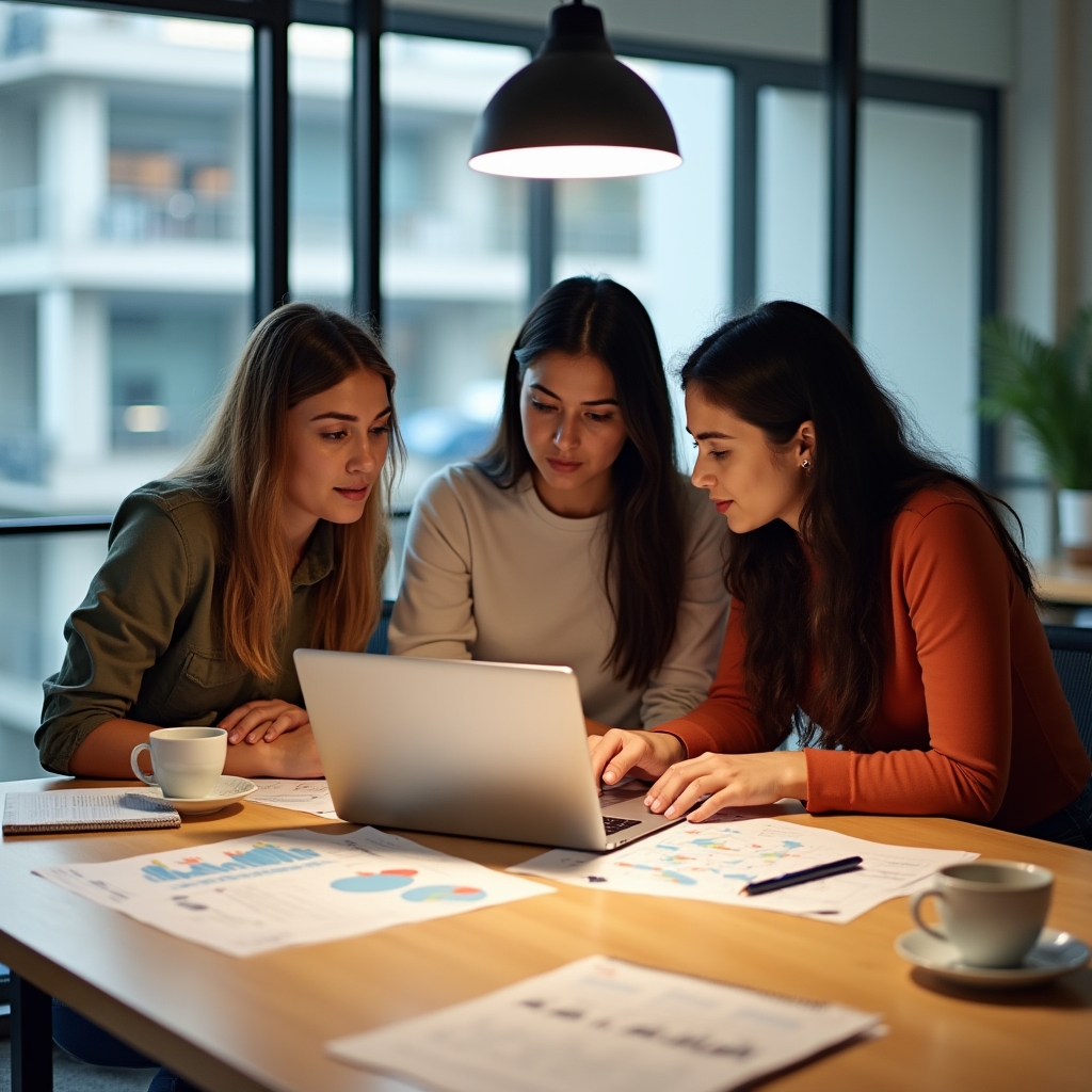 Team members collaborating on economic education materials in Cali office